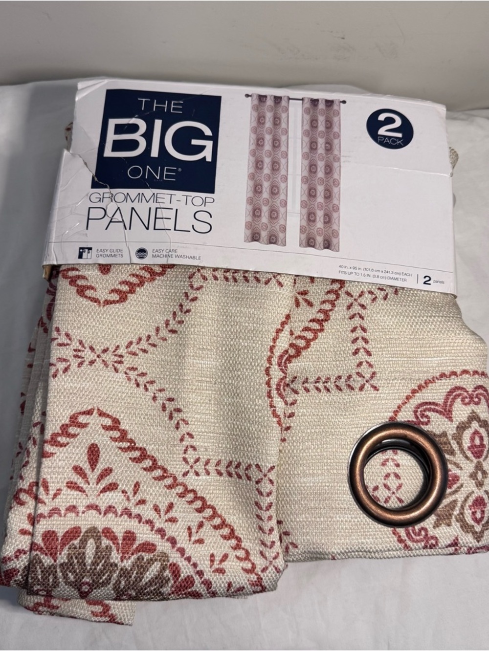 Pair Of Window Panels Grommet Cream And Tan Patterned 40 x 95 Inches New Package